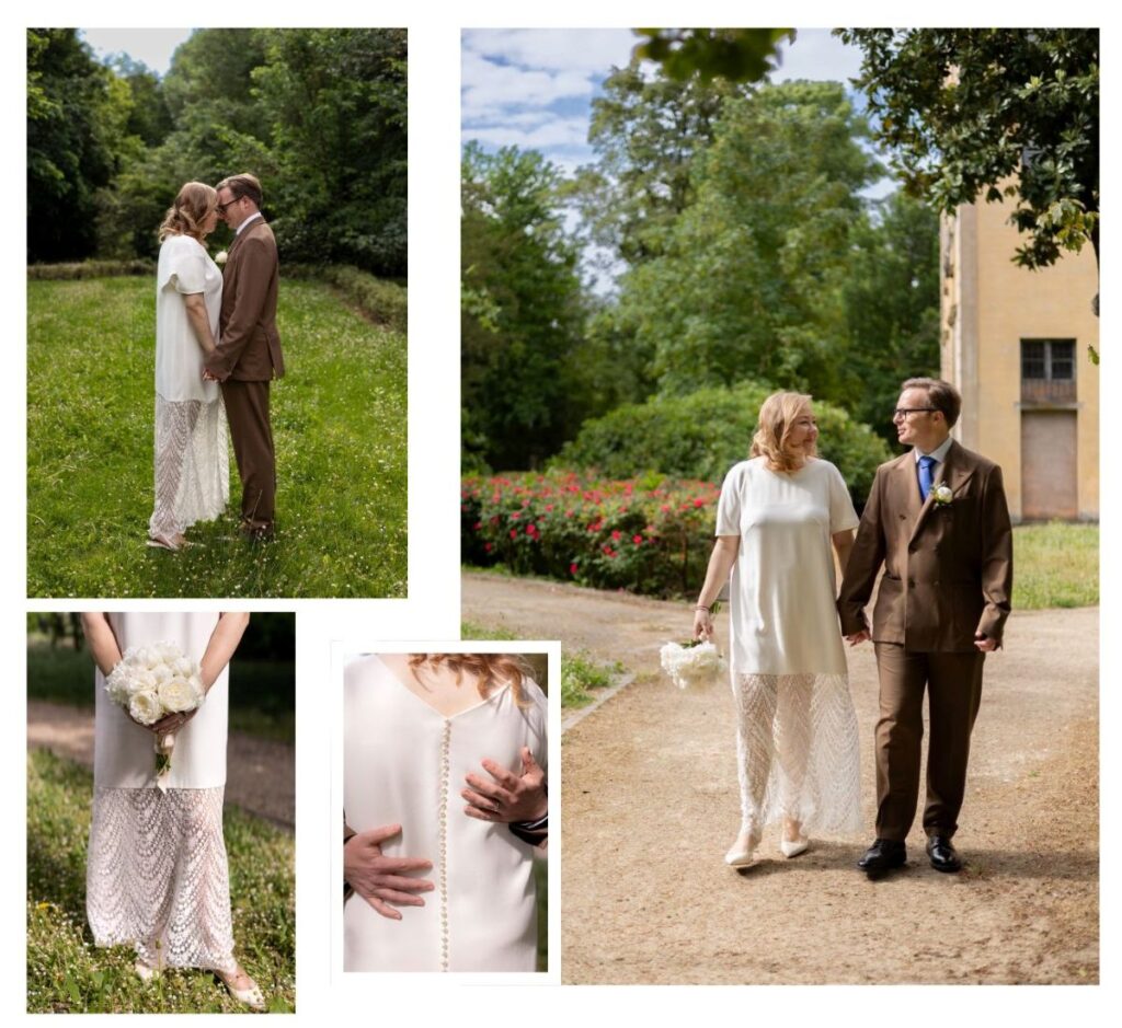 Abito da sposa semplice su misura per Elena, con linea diritta, manica kimono e gonna in pizzo leggermente trasparente.