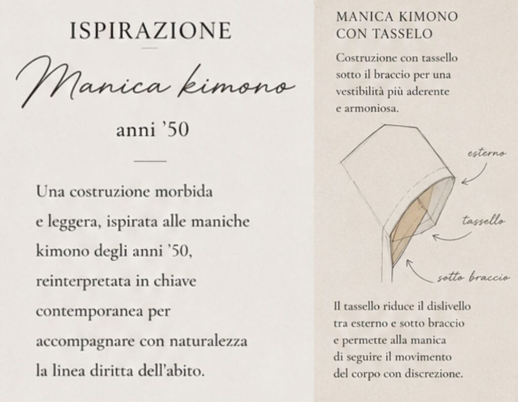 Studio sartoriale della manica kimono con tassello utilizzata per l'abito da sposa di Elena