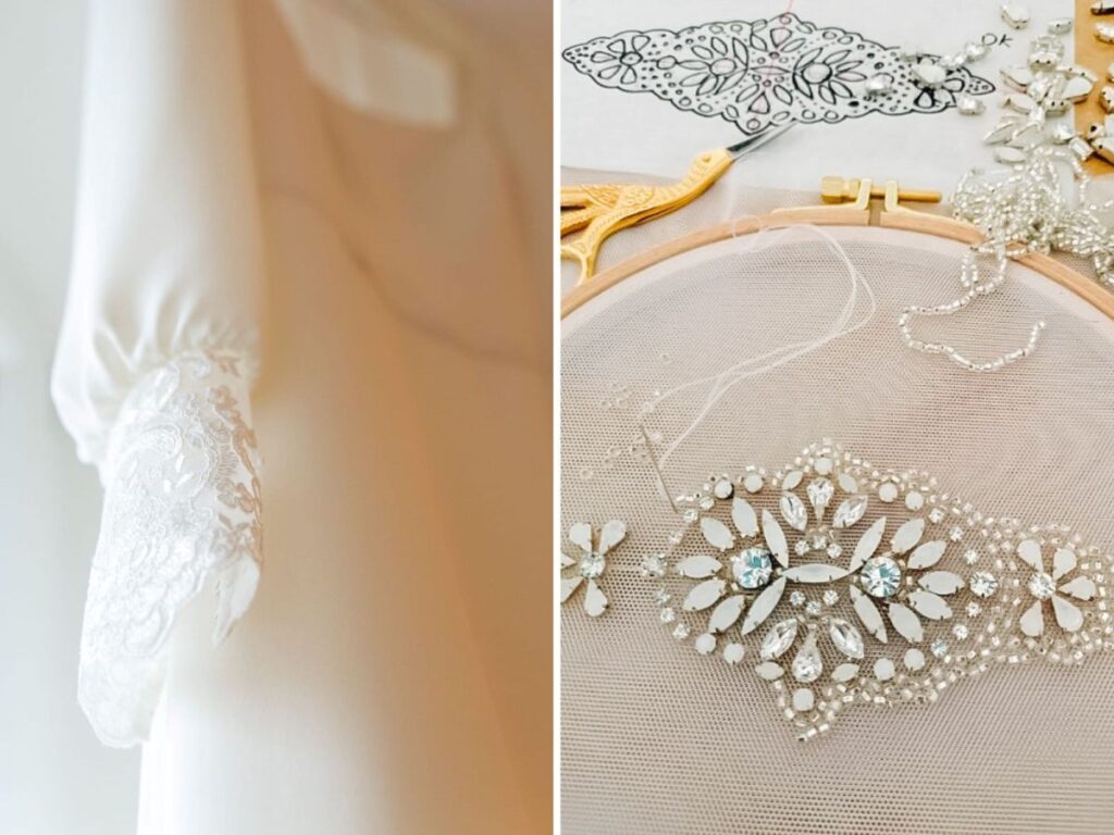 dettagli couture e ricamo artigianale su abito da sposa